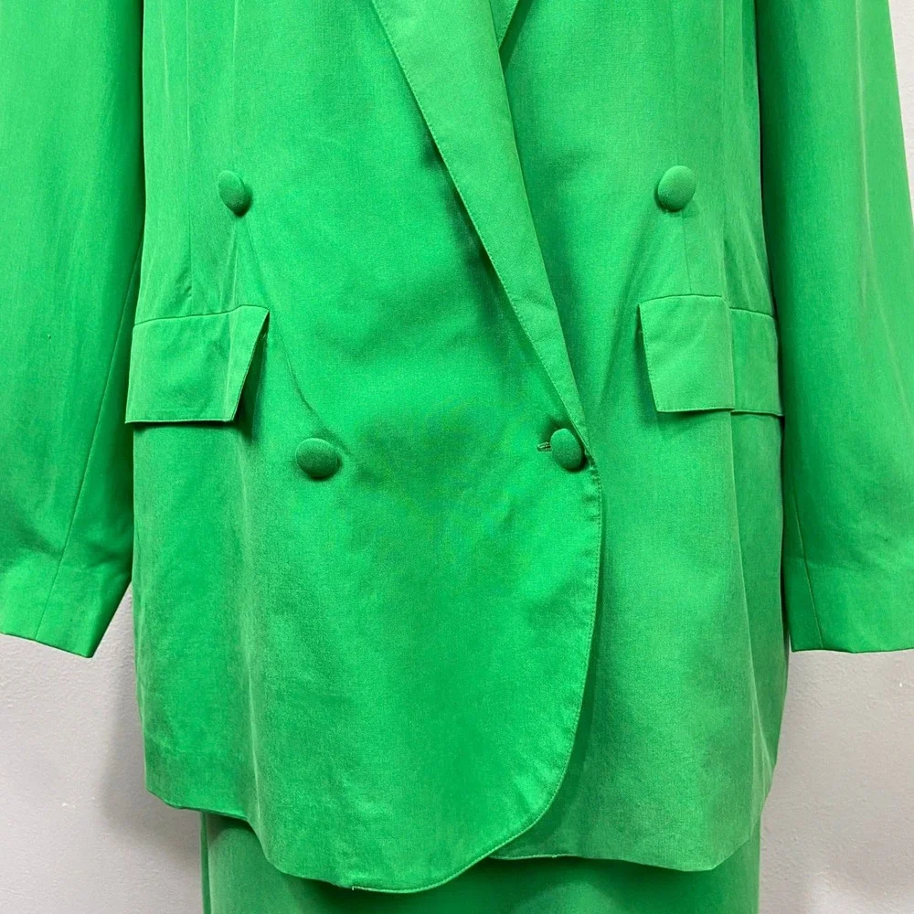 Vintage 80s Apart Skirt Suit Sz 16 Green Silk Power Bold Maximalist Matching Set